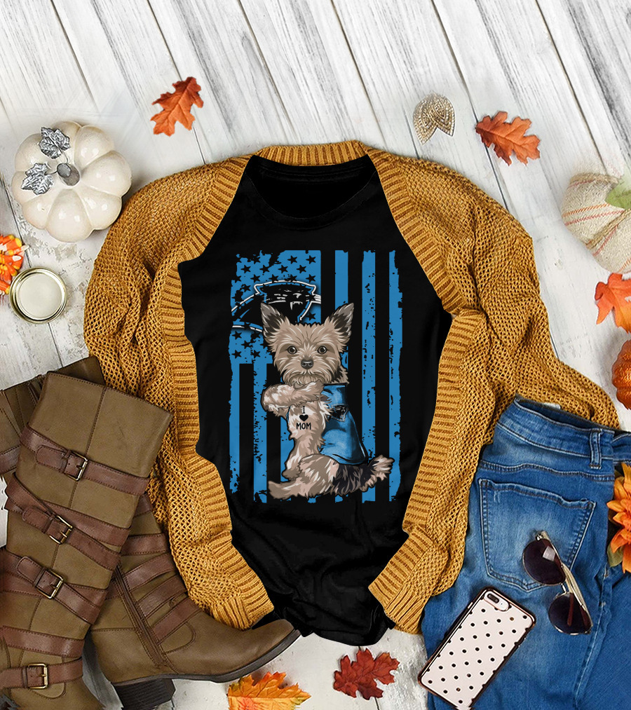Yorkshire Terrier I Love Mom with Carolina Panthers Flag T-Shirt