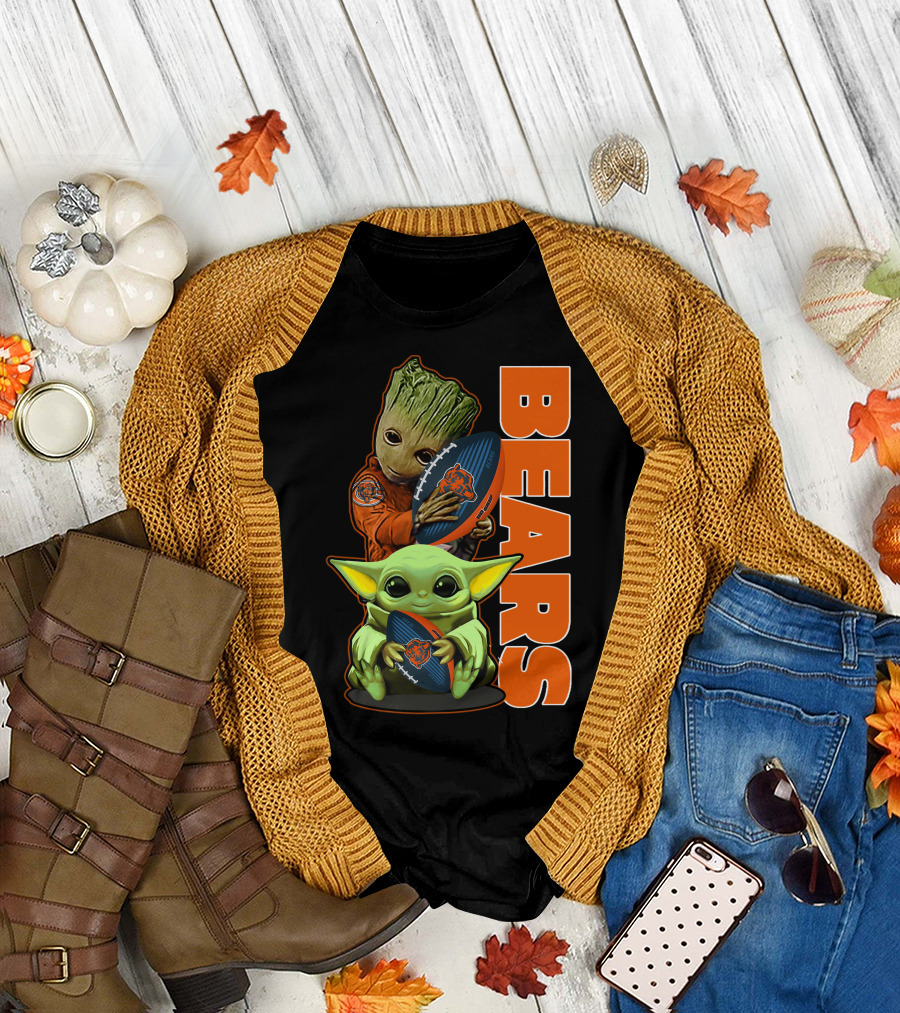 Groot and Baby Yoda Holding Chicago Bears Football T-Shirt