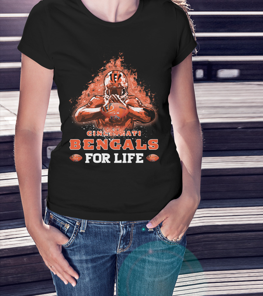 CINCINNATI BENGALS FOR LIFE Football Flame Helmet T-Shirt