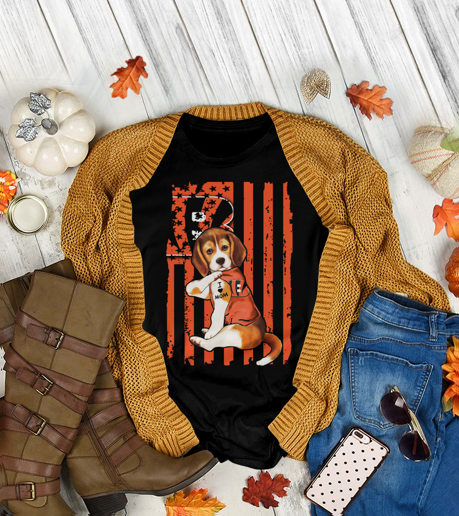 Beagle I Love Mom Cincinnati Bengals Stripes and Stars T-Shirt