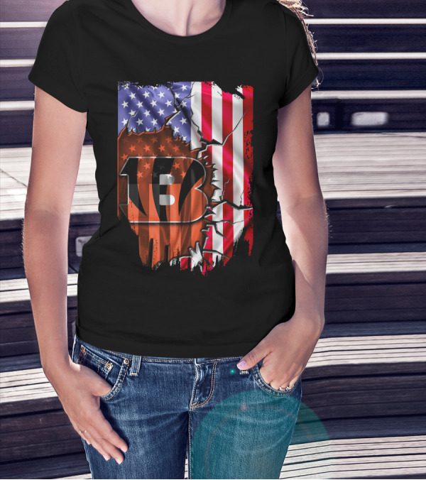 Bengals Stripes And American Flag Cincinnati Bengals 13 T-Shirt
