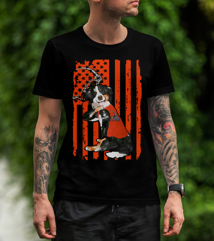 Border Collie I Love Mom Cleveland Browns Football American Flag T-Shirt