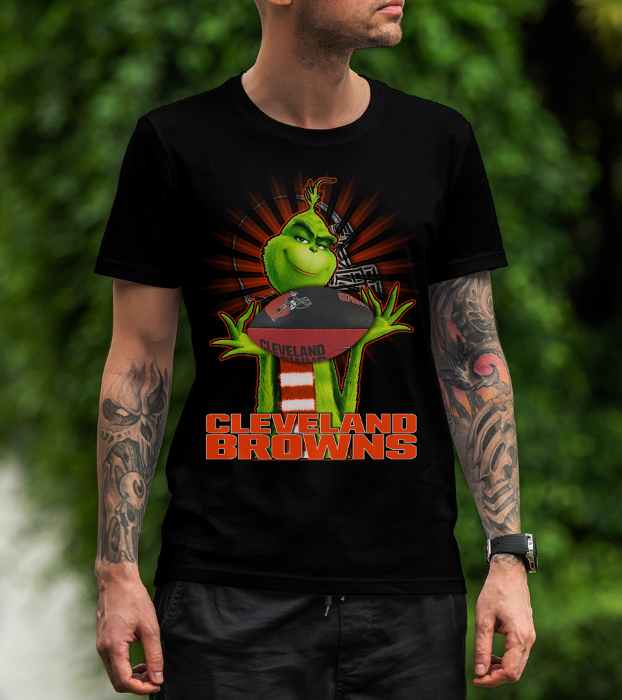 Grinch Holding Cleveland Browns Football Emblem T-Shirt