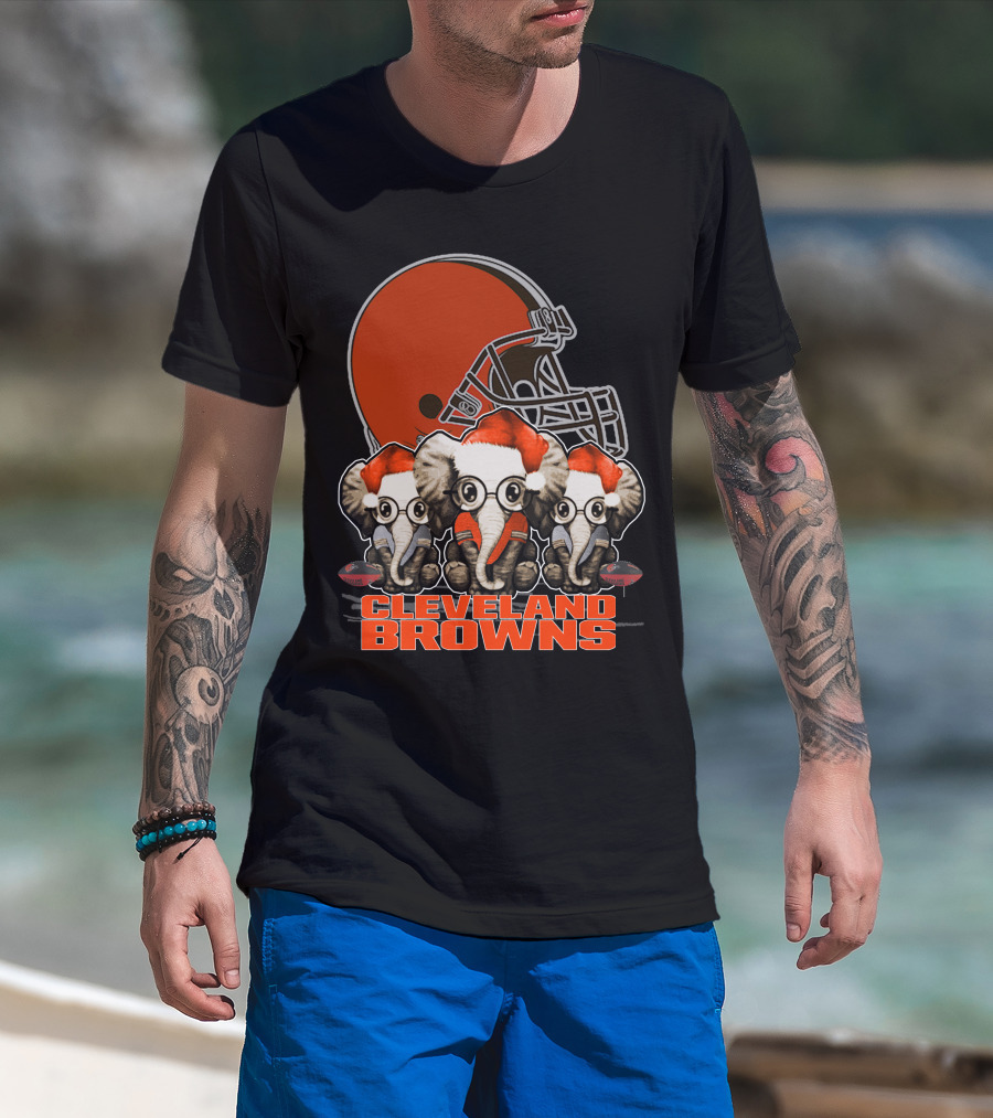 Cleveland Browns Christmas Elephants In Santa Hats Football Helmet T-Shirt