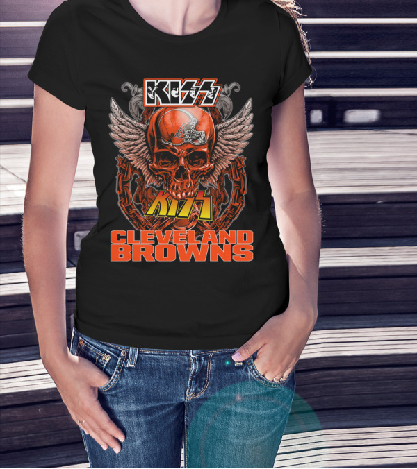 Kiss Cleveland Browns Skull Helmet Wings T-Shirt