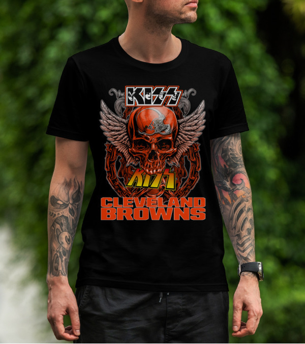 Kiss Cleveland Browns Skull Helmet Wings T-Shirt