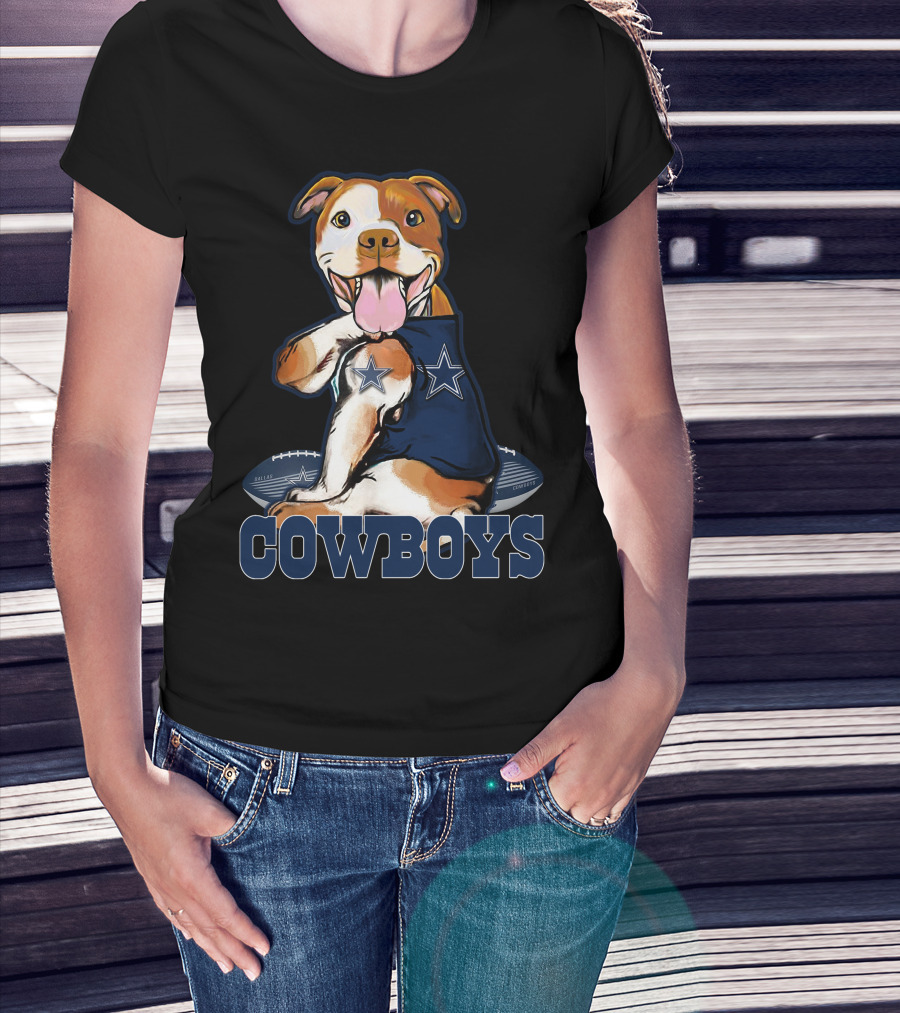 Pittbull Wearing Dallas Cowboys Jersey With Football And Star T-Shirt