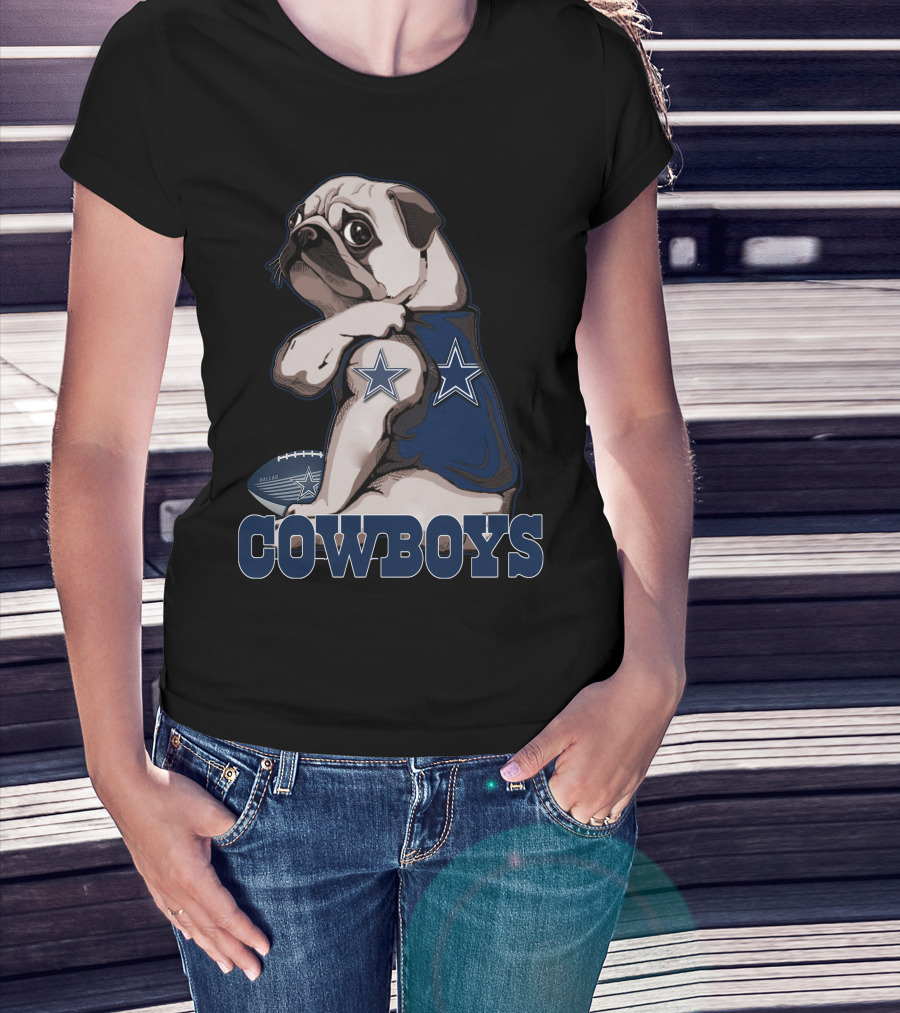 Pug Wearing Dallas Cowboys Jersey With Stars And Football T-Shirt