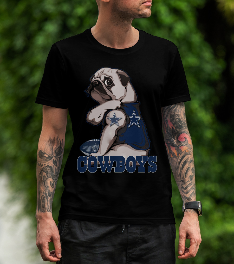 Pug Wearing Dallas Cowboys Jersey With Stars And Football T-Shirt