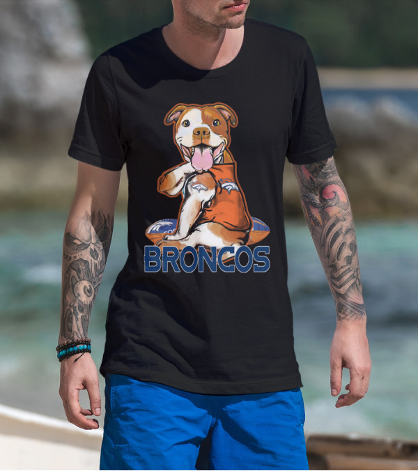 Pittbull Wearing Denver Broncos Jersey With Football And Broncos Text T-Shirt
