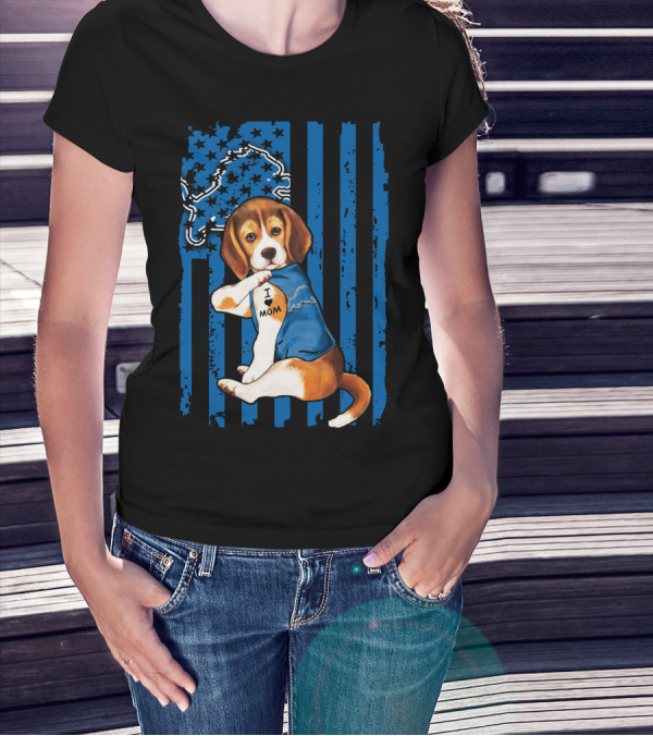 Beagle Detroit Lions I Love Mom Blue Stripes T-Shirt