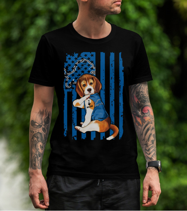 Beagle Detroit Lions I Love Mom Blue Stripes T-Shirt