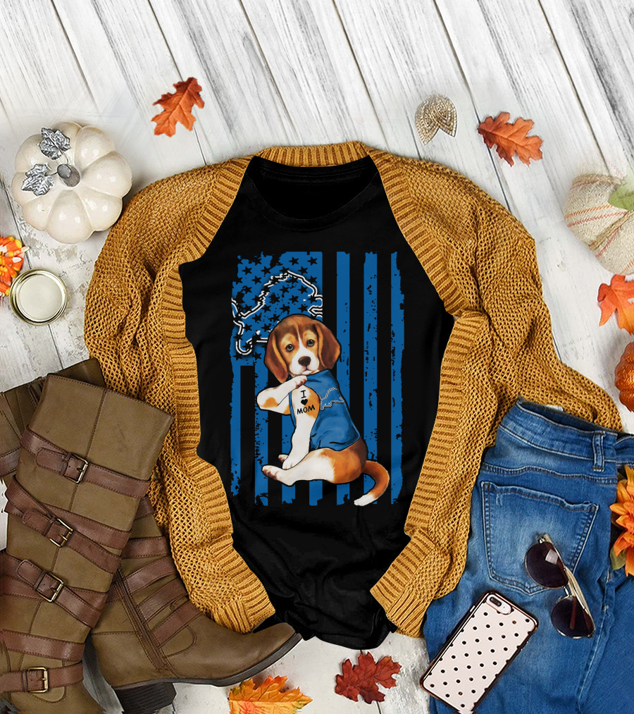 Beagle Detroit Lions I Love Mom Blue Stripes T-Shirt