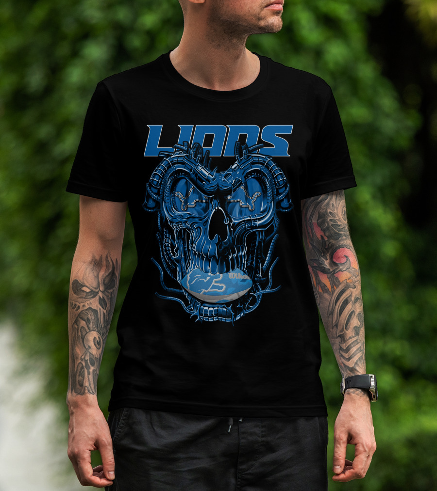 Dragonskull Lions With Detroit Football Helmet And Wilson Blue Embellishments T-Shirt