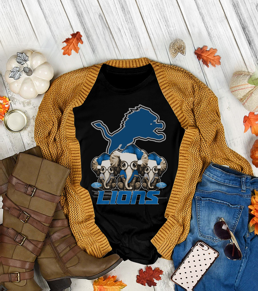 Detroit Lions Christmas Elephants with Santa Hats T-Shirt
