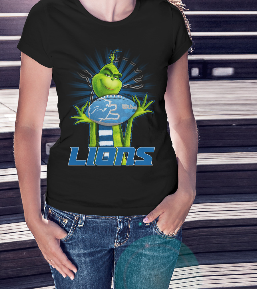 Grinch Holding Detroit Lions Wilson Football T-Shirt