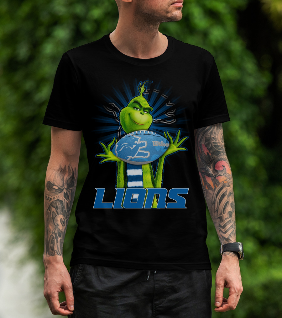 Grinch Holding Detroit Lions Wilson Football T-Shirt