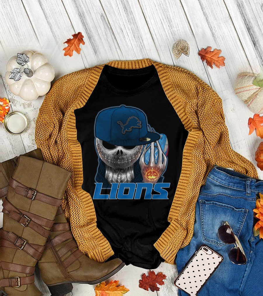 Jackskull Detroit Lions Halloween Football Fan Skull Cap T-Shirt