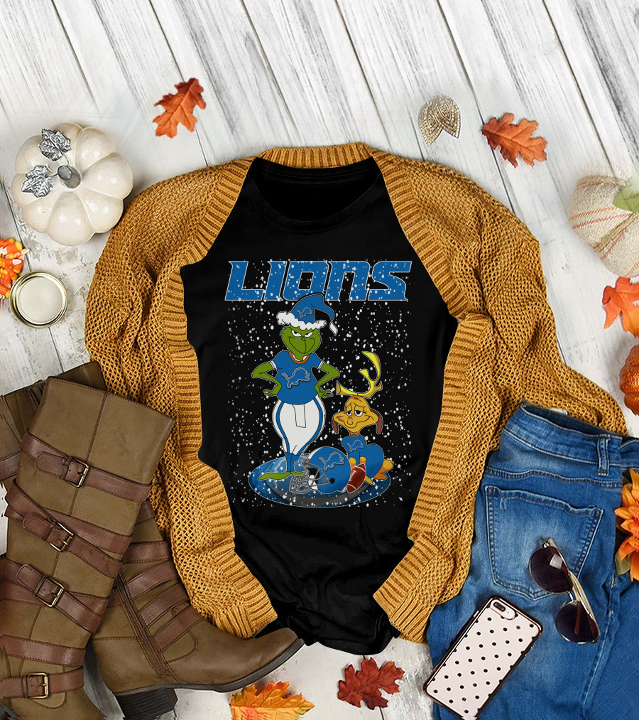 Grinchxmas Detroit Lions Snowy Holiday Characters with Blue Helmets T-Shirt