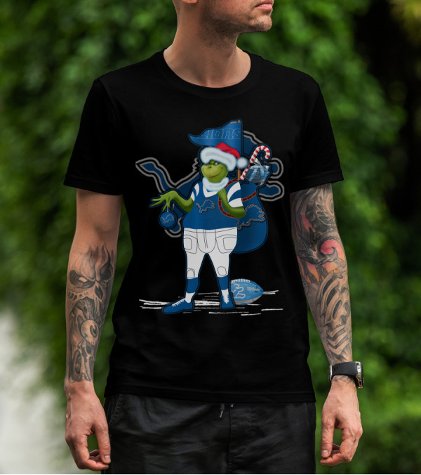 Grinchxmas Detroit Lions Santa Hat Candy Cane Football Sack T-Shirt