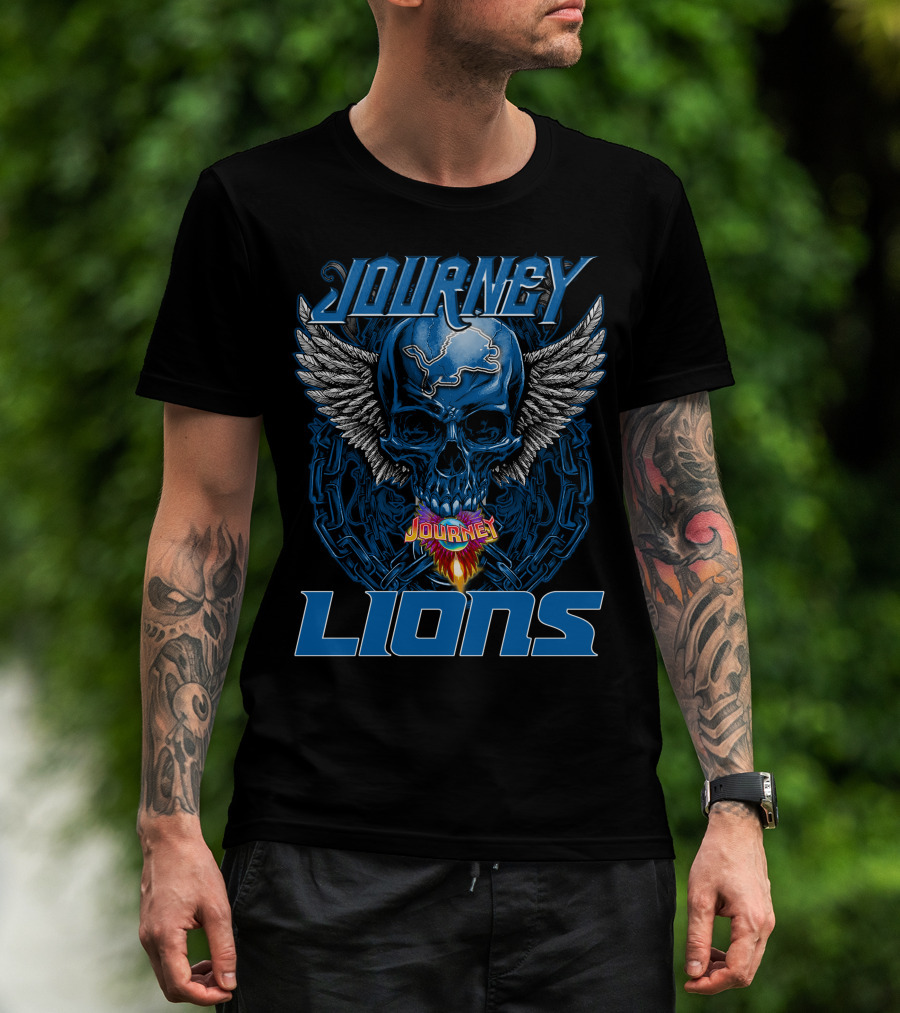 JOURNEY DETROIT LIONS Skull With Wings And Flames T-Shirt