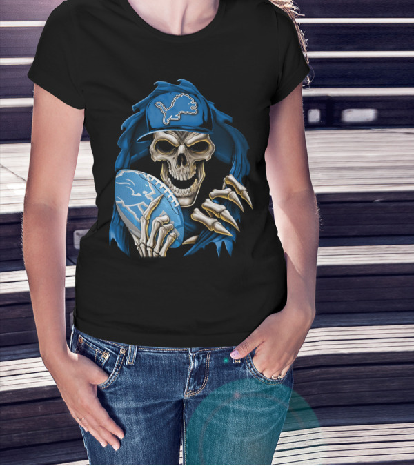 Skullbong Detroit Lions Skeleton With Football And Cap T-Shirt