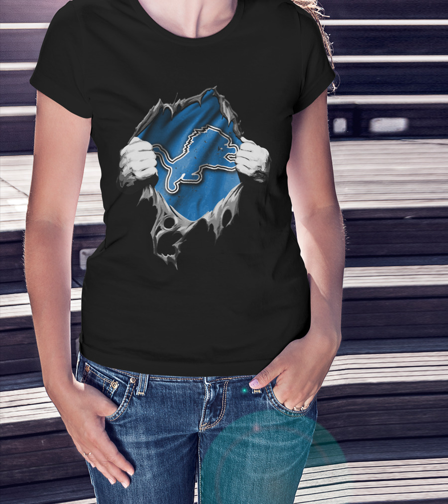 Detroit Lions Torn Hands Ripping Through Blue And Silver T-Shirt