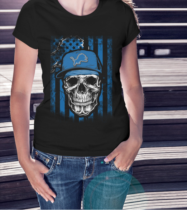 Skull Detroit Lions Blue Cap USA Flag Background T-Shirt