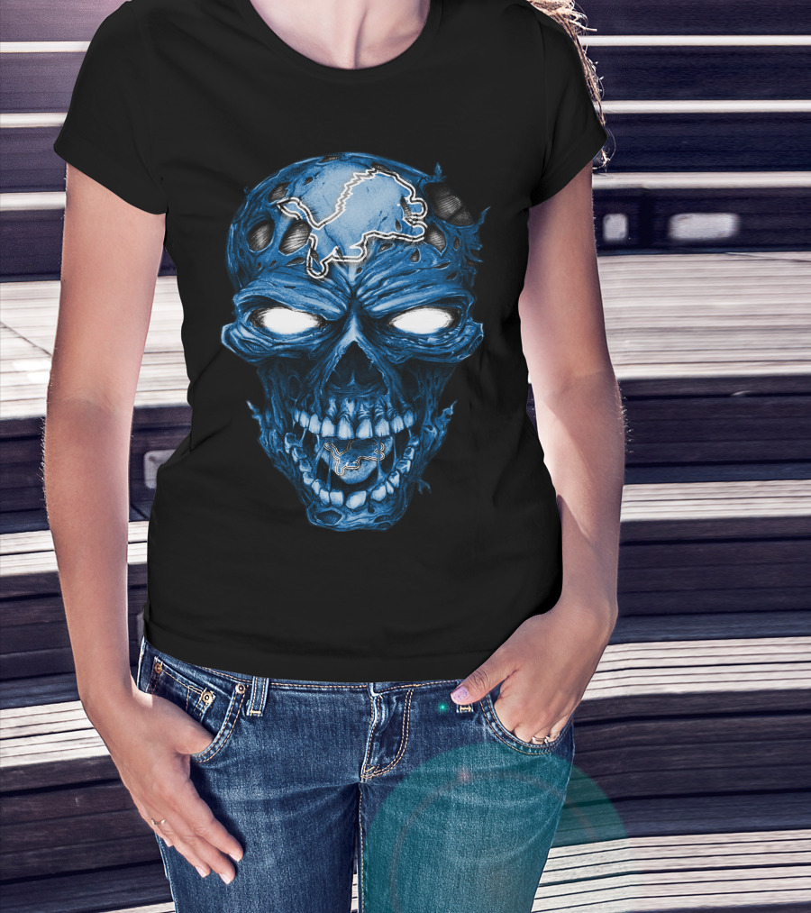 Skull Detroit Lions Blue Dark T-Shirt