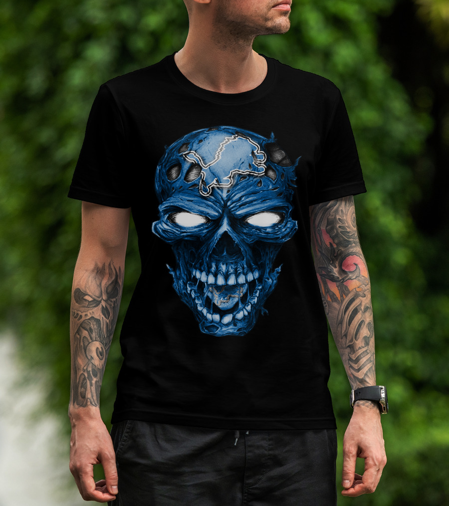Skull Detroit Lions Blue Dark T-Shirt