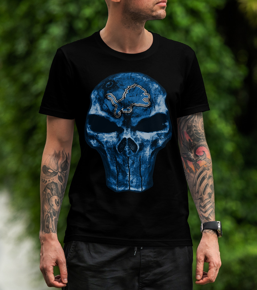 Skull Detroit Lions Blue Grunge T-Shirt