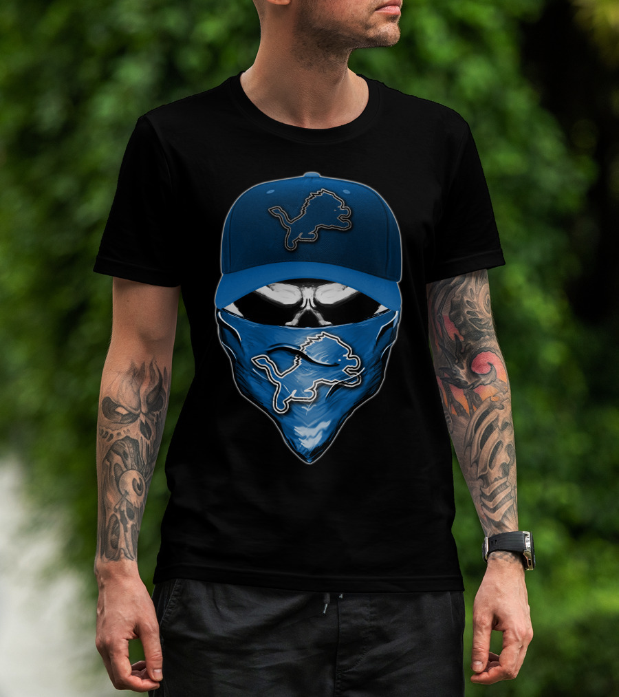 Skull Detroit Lions Hat And Mask T-Shirt