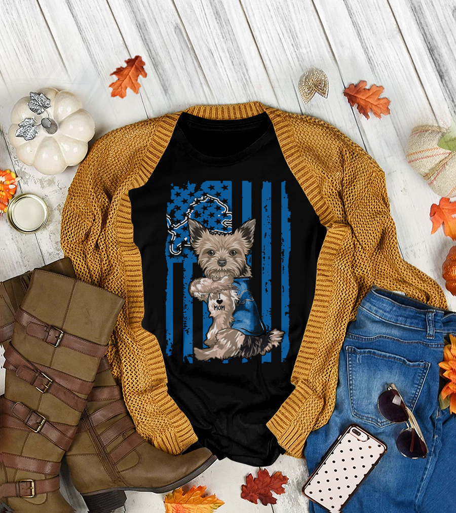 Yorkshire Terrier I Love Mom Detroit Lions Blue Stripes and Stars T-Shirt