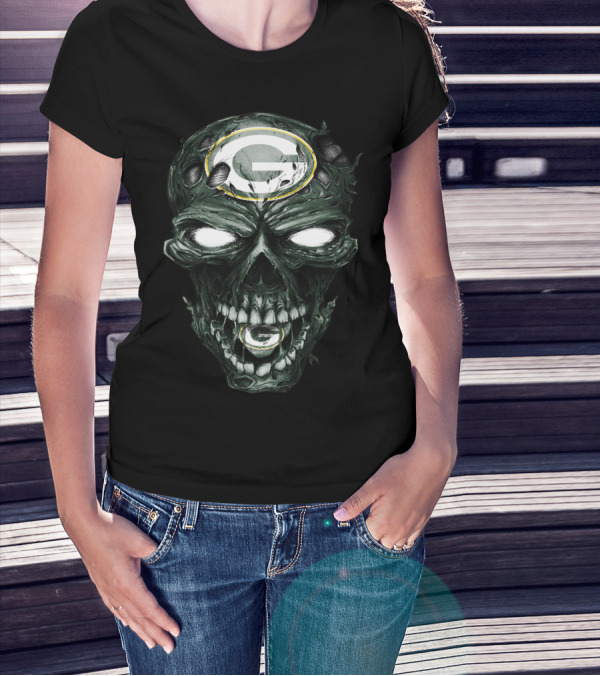 Green Bay Packers Skull Face With Team Logo Eyes T-Shirt