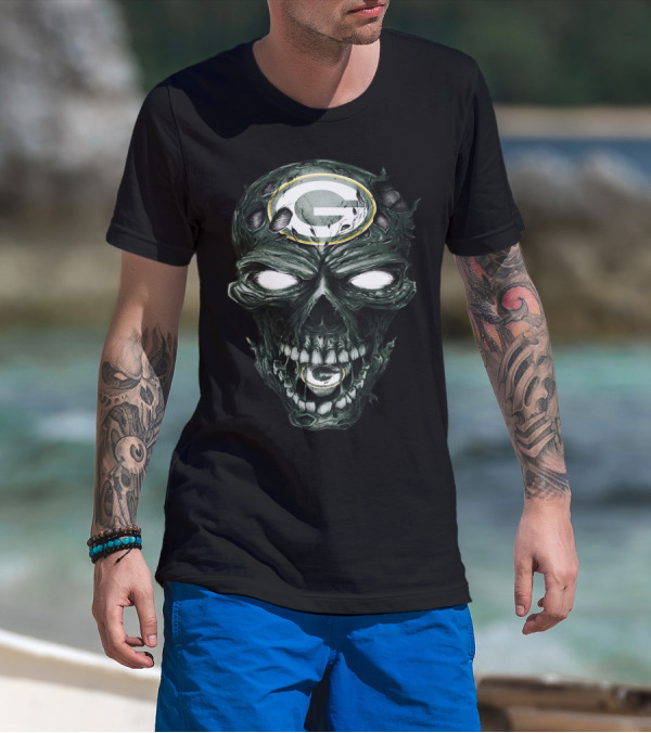 Green Bay Packers Skull Face With Team Logo Eyes T-Shirt