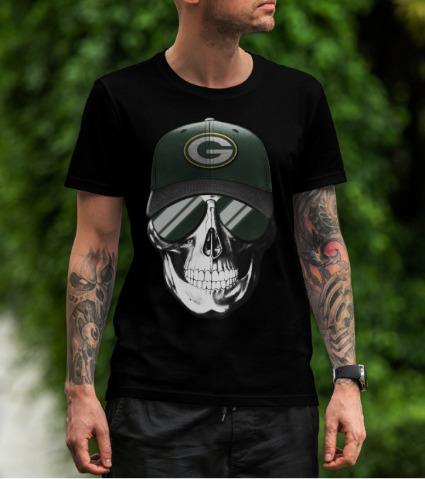 Skull Wearing Green Bay Packers Cap With Sunglasses T-Shirt