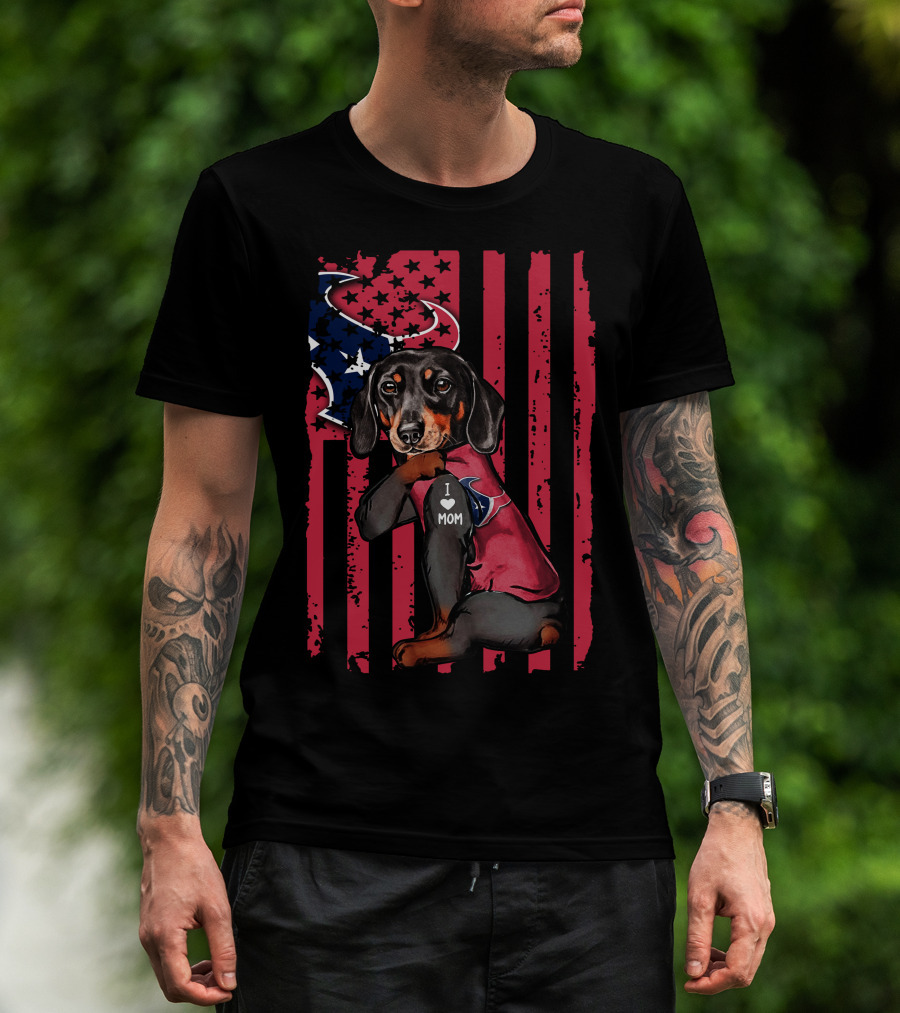 Dachshund I Love Mom Houston Texans Usa Flag Football T-Shirt
