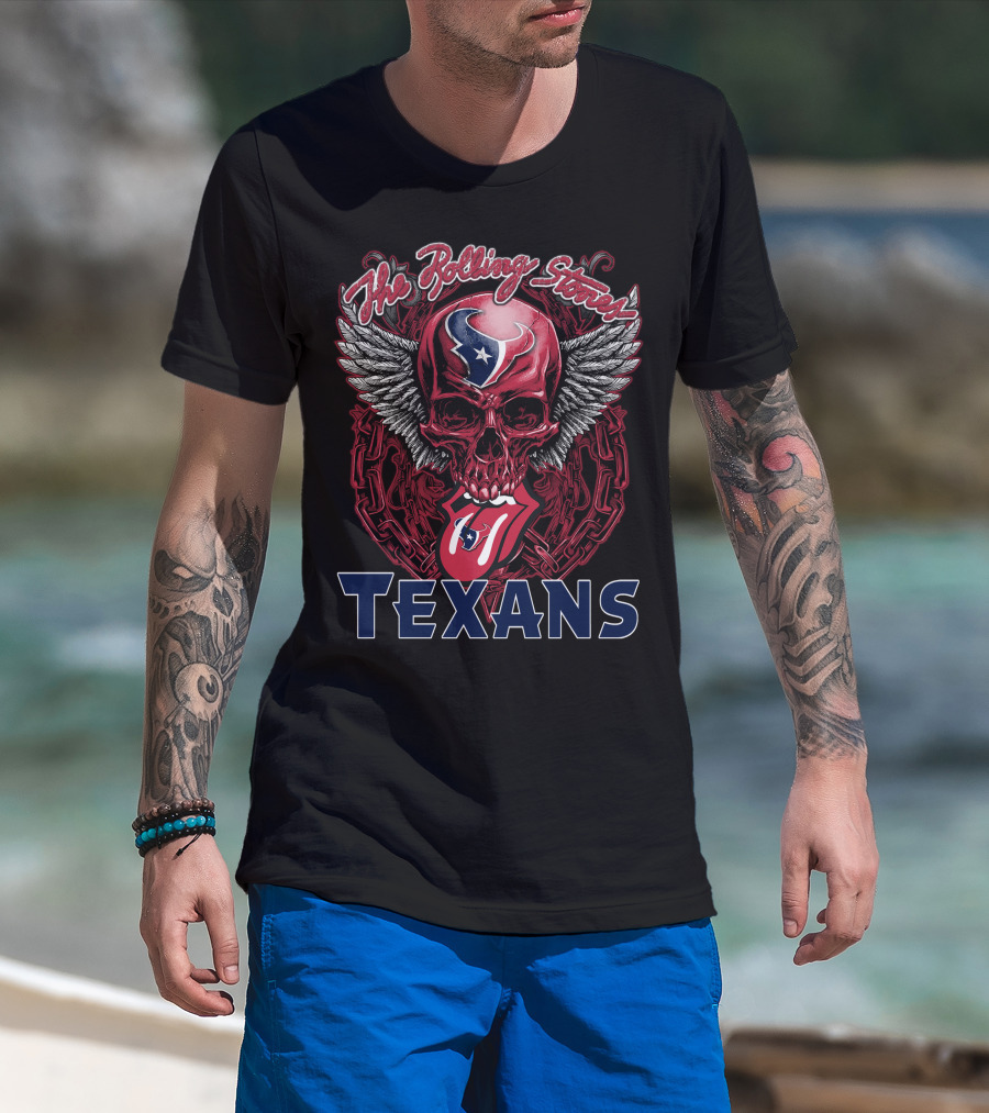 The Rolling Stones Houston Texans Skull Winged Logo Tongue T-Shirt