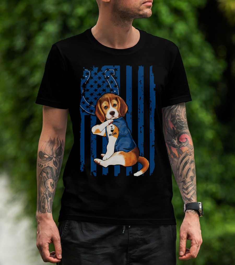 Beagle Puppy In Indianapolis Colts Shirt With I Love Mom Tattoo Flag Background T-Shirt