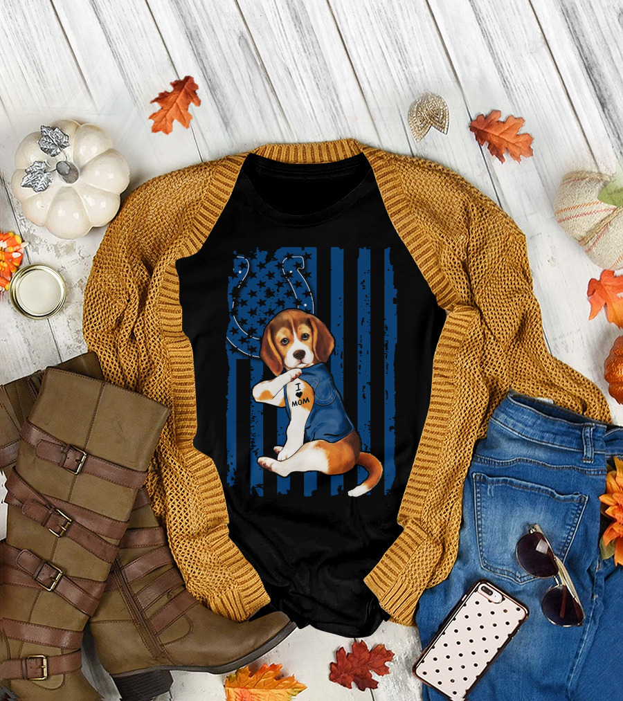 Beagle Puppy in Indianapolis Colts Shirt with I Love Mom Tattoo Flag Background T-Shirt