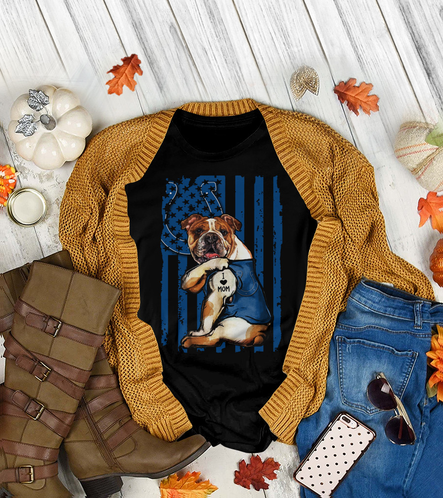 Bulldog Holding I Love Mom Tattoo Over Blue Striped Indianapolis Colts Horseshoe Background T-Shirt