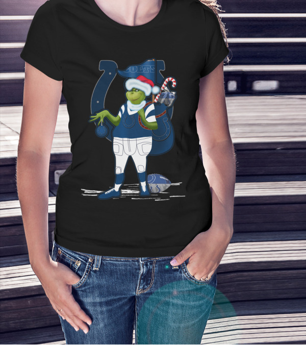 Grinchxmas Indianapolis Colts Santa Hat Candy Cane Football T-Shirt