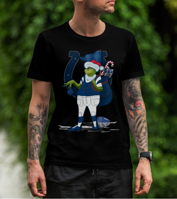 Grinchxmas Indianapolis Colts Santa Hat Candy Cane Football T-Shirt