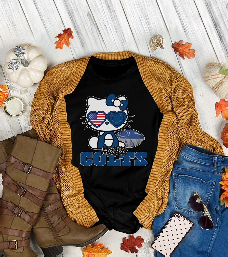 Hellokitty Colts Heart Glasses Football USA Flag T-Shirt
