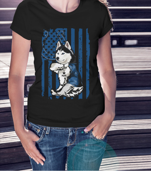 Siberian Husky Mom Colts American Flag T-Shirt