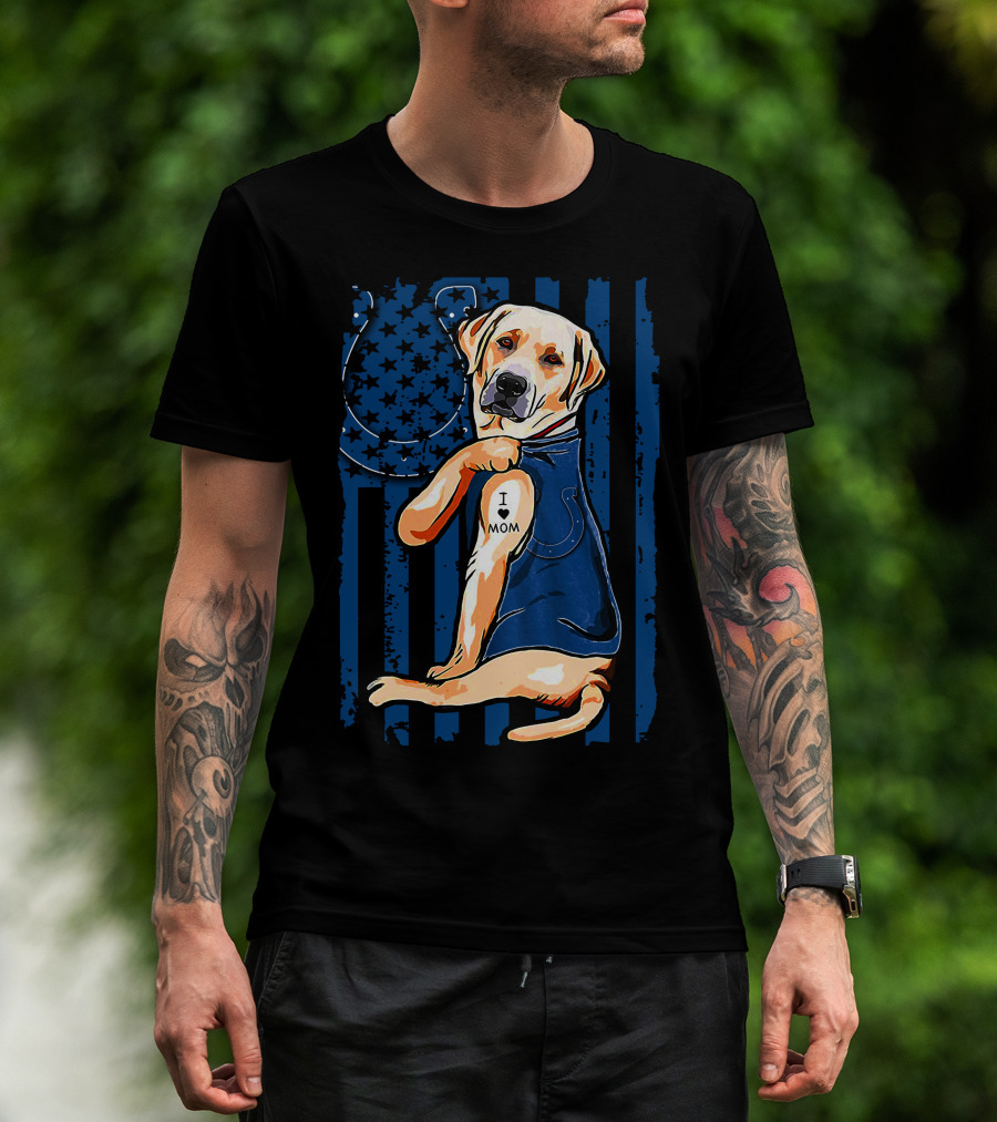Labrador Retriever With Indianapolis Colts Horseshoe And I Love Mom Tattoo T-Shirt