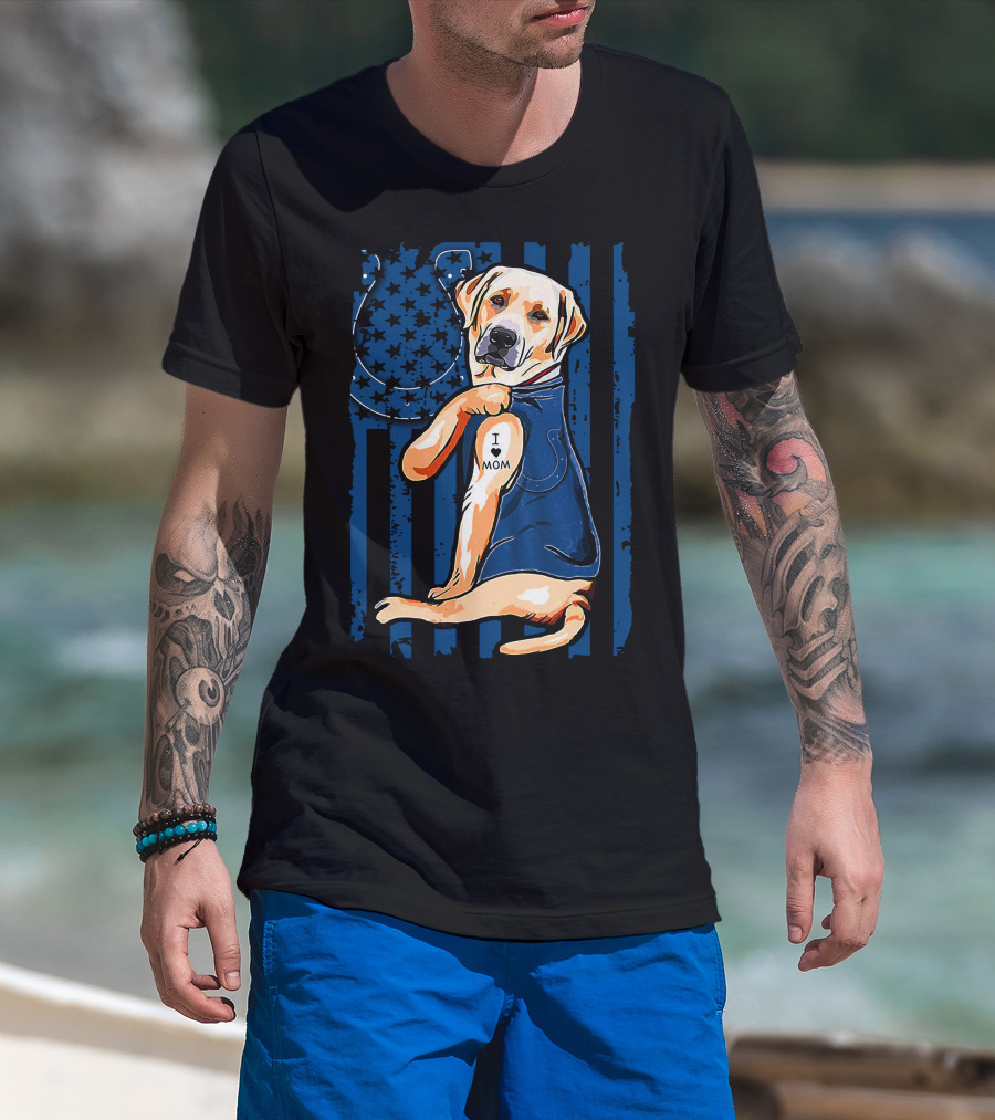 Labrador Retriever With Indianapolis Colts Horseshoe And I Love Mom Tattoo T-Shirt