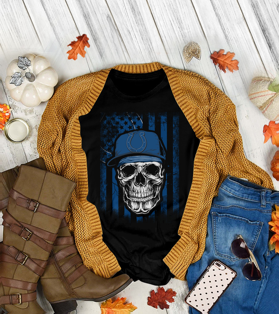 Indianapolis Colts Skull with Blue Flag Background T-Shirt