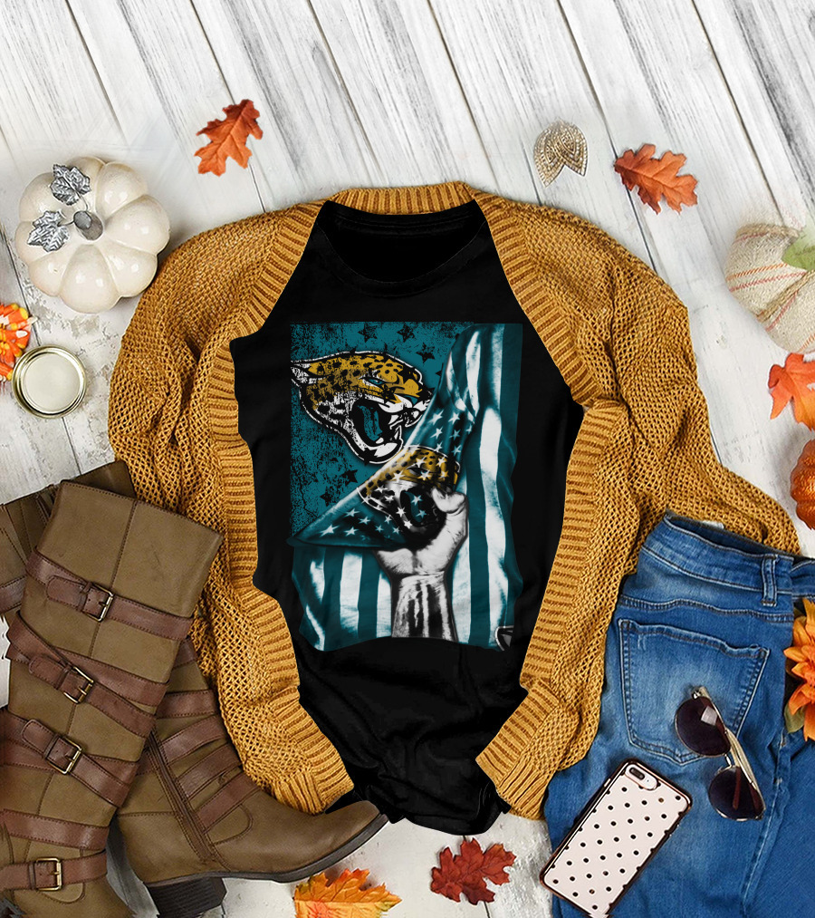 Jacksonville Jaguars Flag with Bold Jaguar Logo and Teal Stripes T-Shirt