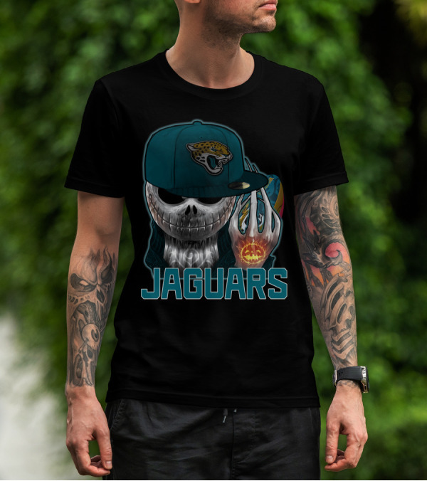 Jackskull Jaguars Halloween Skull Holding Pumpkin With Jaguars Logo Hat T-Shirt